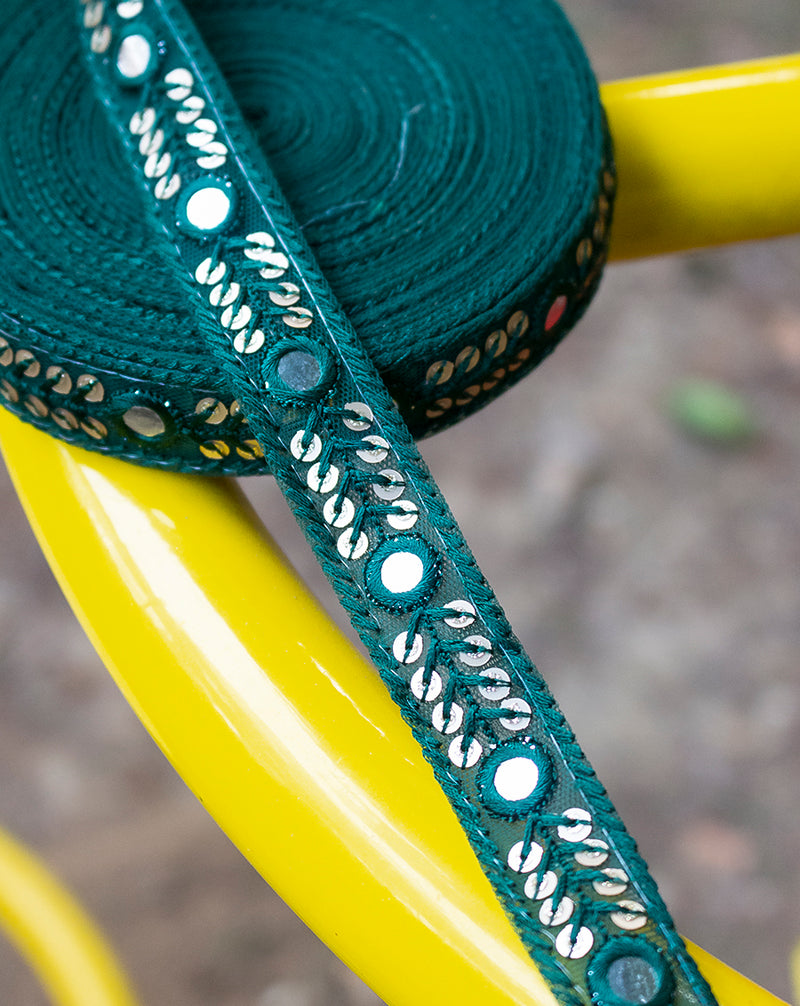 Embroidery Lace with sequins and faux mirror-Olive Green