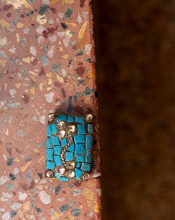 Designer Tibetan style metal rectangle buttons with cut work embellishments-Blue