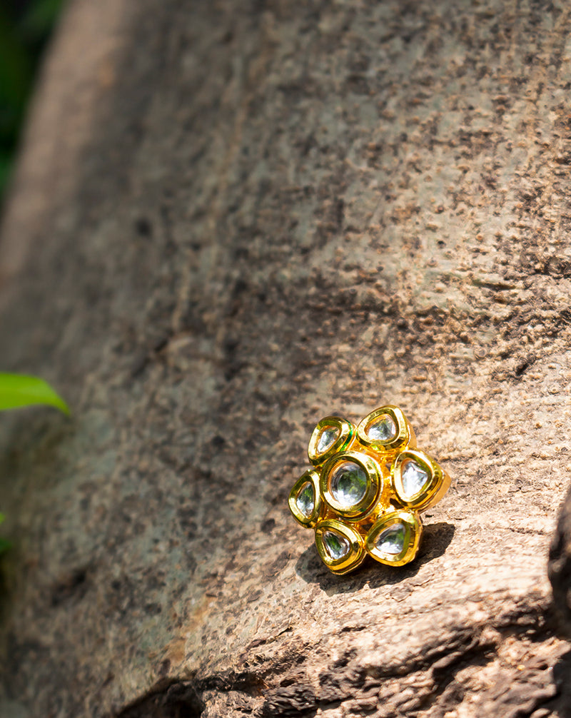 Designer kundan button in flower star shape-Silver