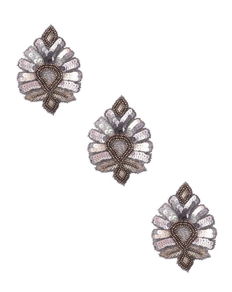 Handmade sequins & Bugle bead leaf patch-Grey
