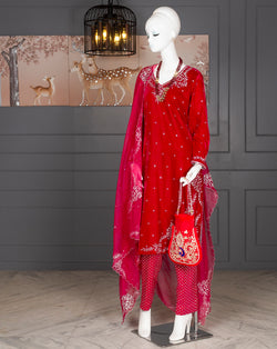 Hand Embroidered Peackock Potli -Red