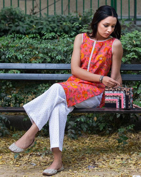 Citrine Cotton Block Print Kurta with Straight Chicken work Pants
