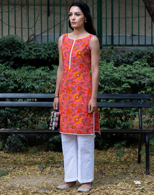 Citrine Cotton Block Print Kurta with Straight Chicken work Pants