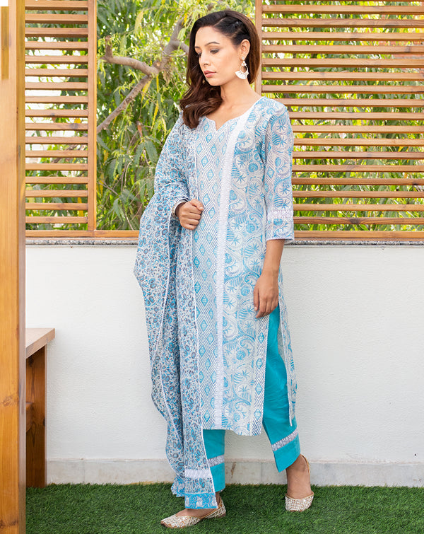 Sapphire Cotton Chanderi Block Print Kurta,  Narrow cotton Pants and Cotton Chanderi Dupatta