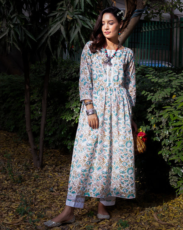 Zircon Cotton Block Print Kurta with Pakistani style Cotton Pants